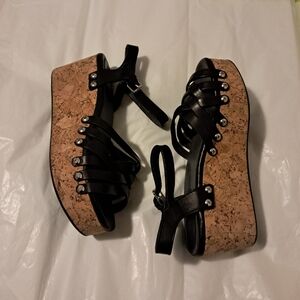 Bussola Womens Black Leather Strappy Cork Wedge Platform Sandal Sz. 39(8/8.5)